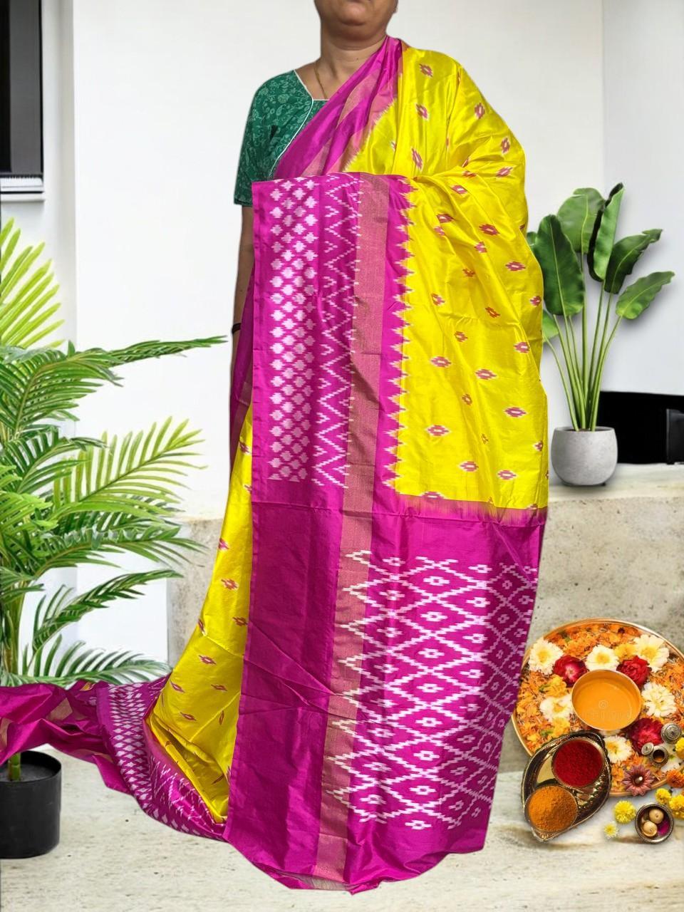 Semi Pochampally Ikkat Silk Yellow Pink Sari