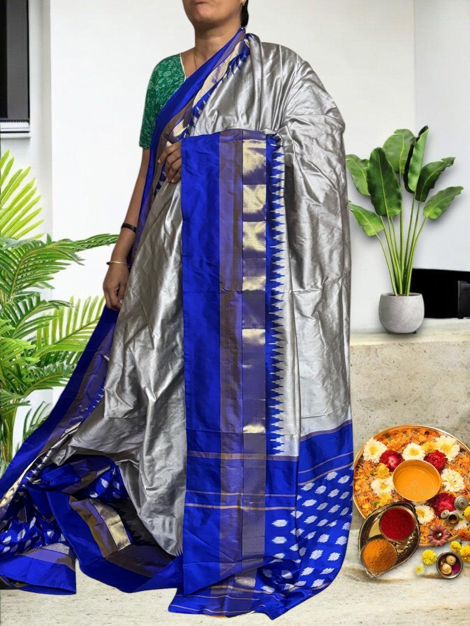 Semi Pochampally Ikkat Silk Silver White Blue Sari