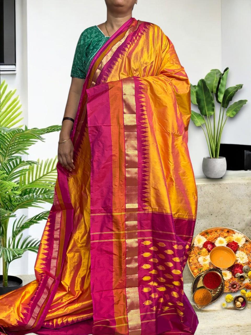 Semi Pochampally Ikkat Silk Yellow Pink Sari