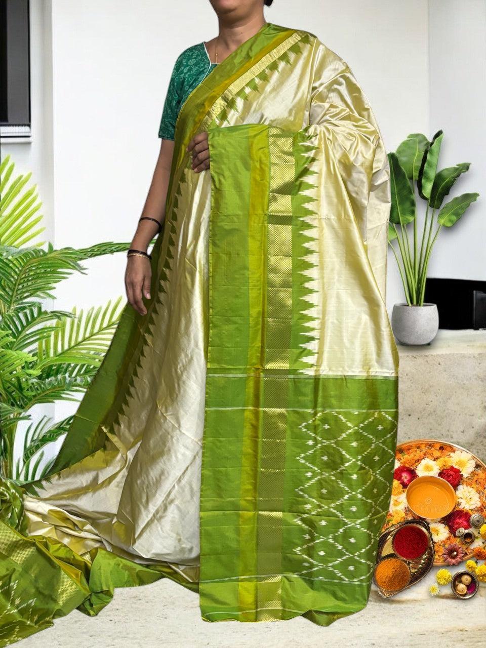 Semi Pochampally Ikkat Silk Cream Olive Green Sari