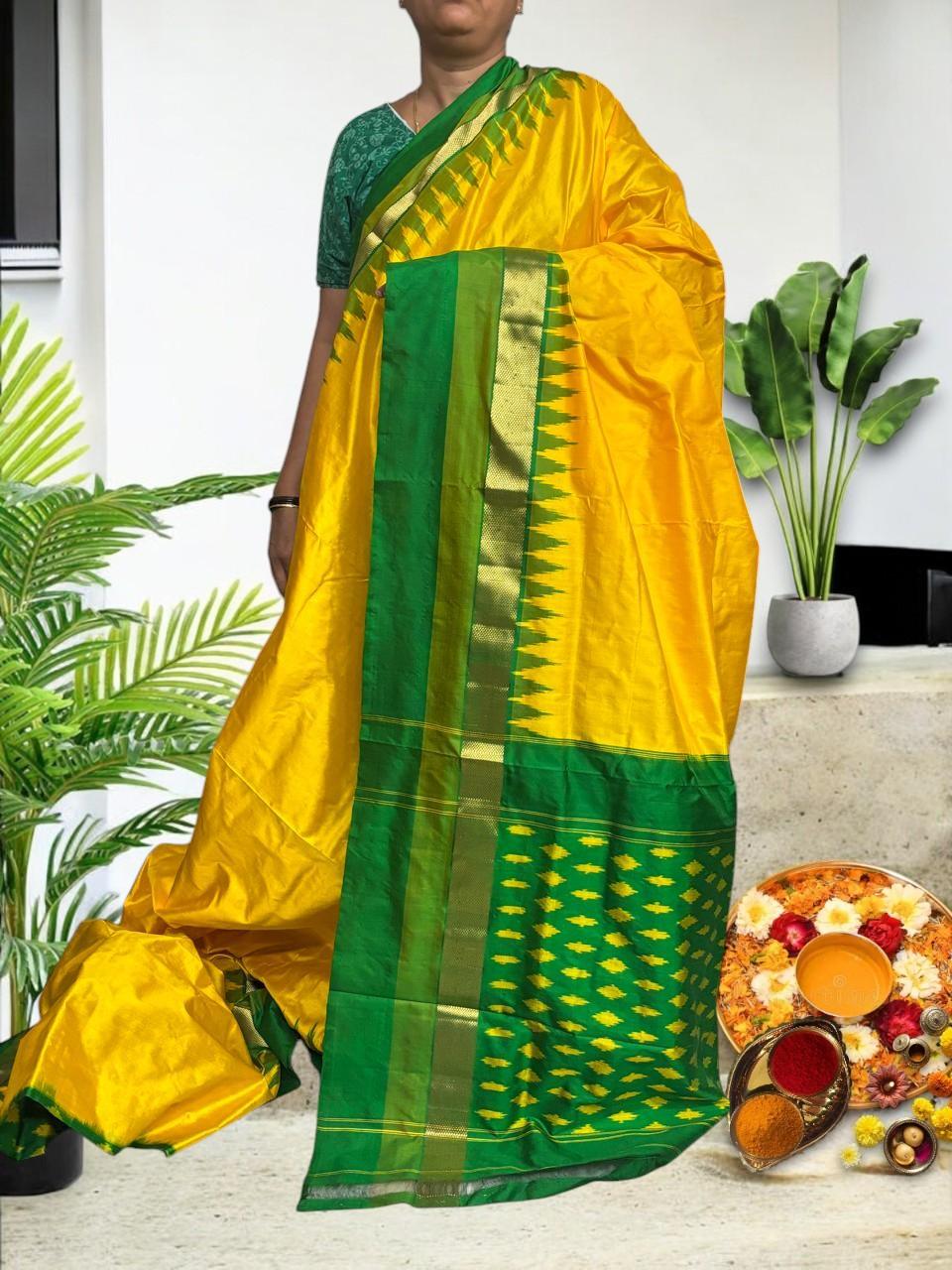 Semi Pochampally Ikkat Silk Yellow Green Sari