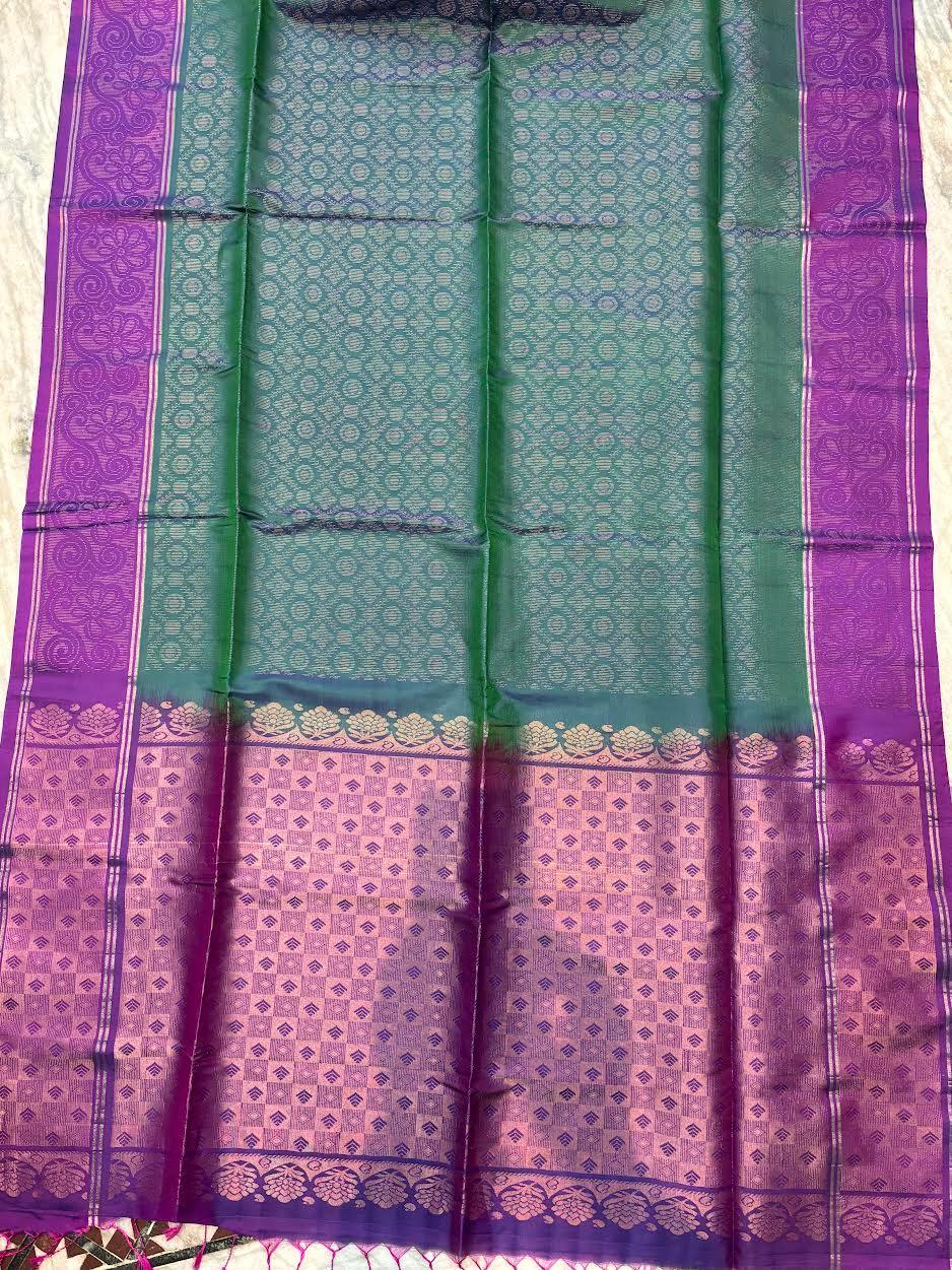 PURE SOFT SILK SAREE GREEN AND PURPLE WITH ALLOVER BUTTI DESIGN WEAVES IN BORDER AND PALLU TISSUE STYLE - pochampallysarees.com