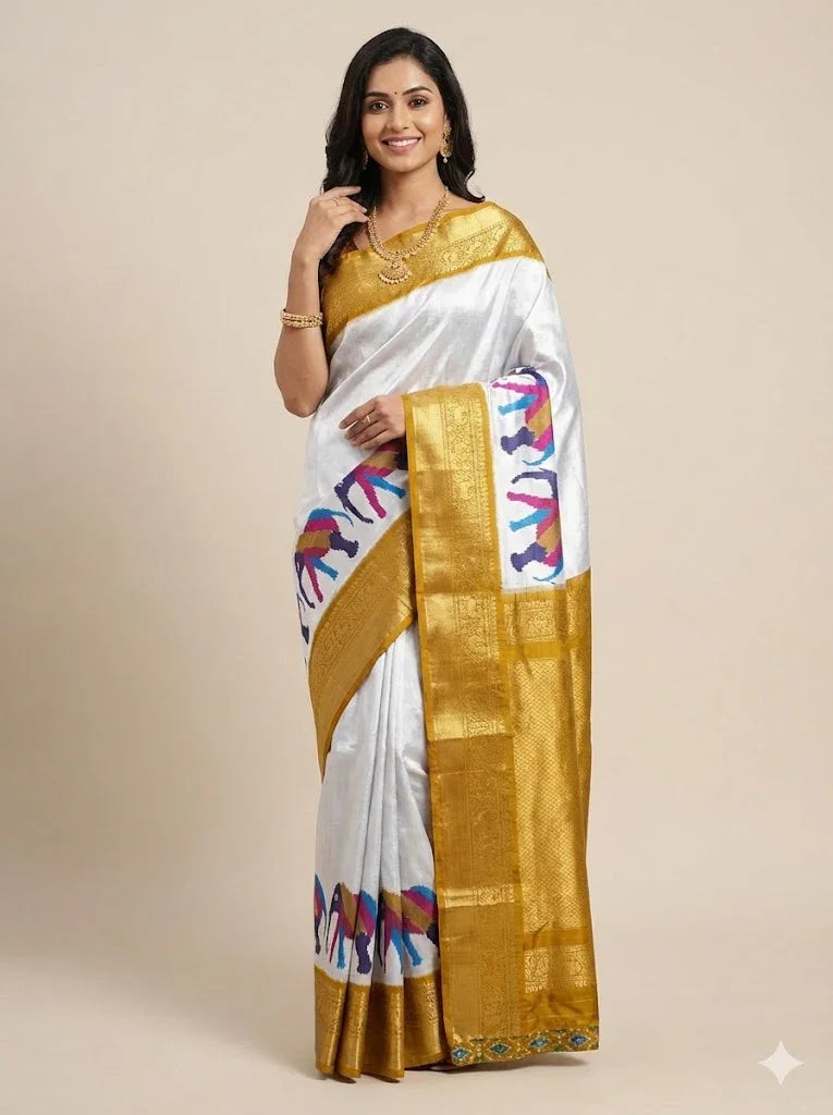 Premium Silver Kanchi Ikkat Silk Saree with Rich Gold Zari Border | Traditional Elephant Motif Pattu Saree for Weddings &amp; Festivals - pochampallysarees.com