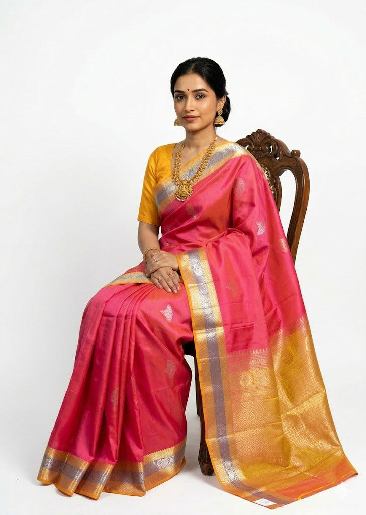 beautiful traditional Indian woman wearing a pink Kanchipuram soft silk saree with a golden border and a matching yellow blouse