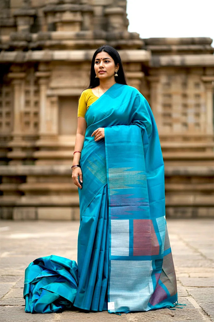 PURE SOFT SILK SAREE ANANDA BLUE AND ANANDA BLUE WITH ALLOVER ZARI WEAVES IN BORDER KANCHI TEMPLE STYLE - pochampallysarees.com