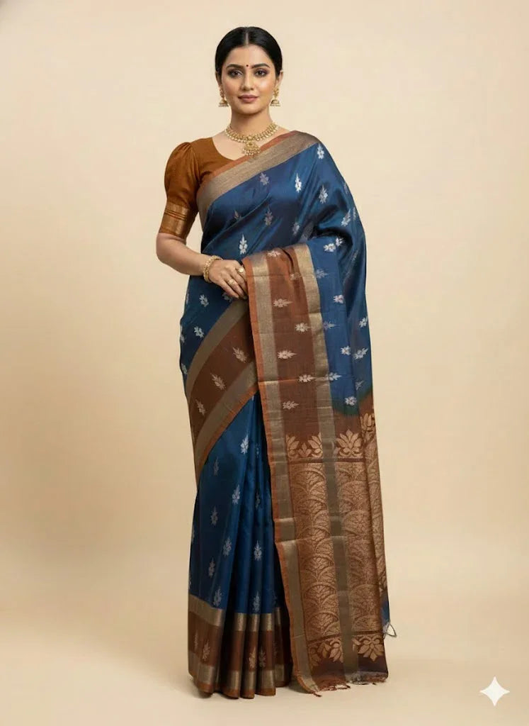 PURE SOFT SILK SAREE BLUE AND BROWN WITH ALLOVER BUTTI DESIGN WEAVES IN BORDER AND PALLU TISSUE STYLE - pochampallysarees.com
