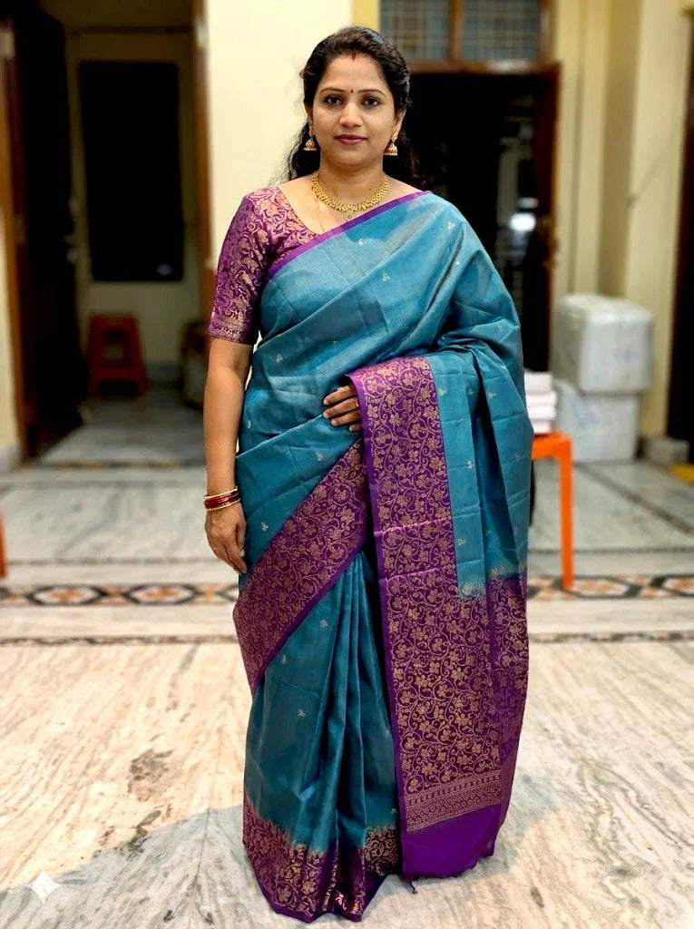 Kanchi Soft Silk Saree in Teal Blue with Contrast Purple Gold Zari Border | Includes Unstitched Blouse - pochampallysarees.com