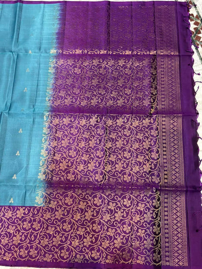 Kanchi Soft Silk Saree in Teal Blue with Contrast Purple Gold Zari Border | Includes Unstitched Blouse - pochampallysarees.com