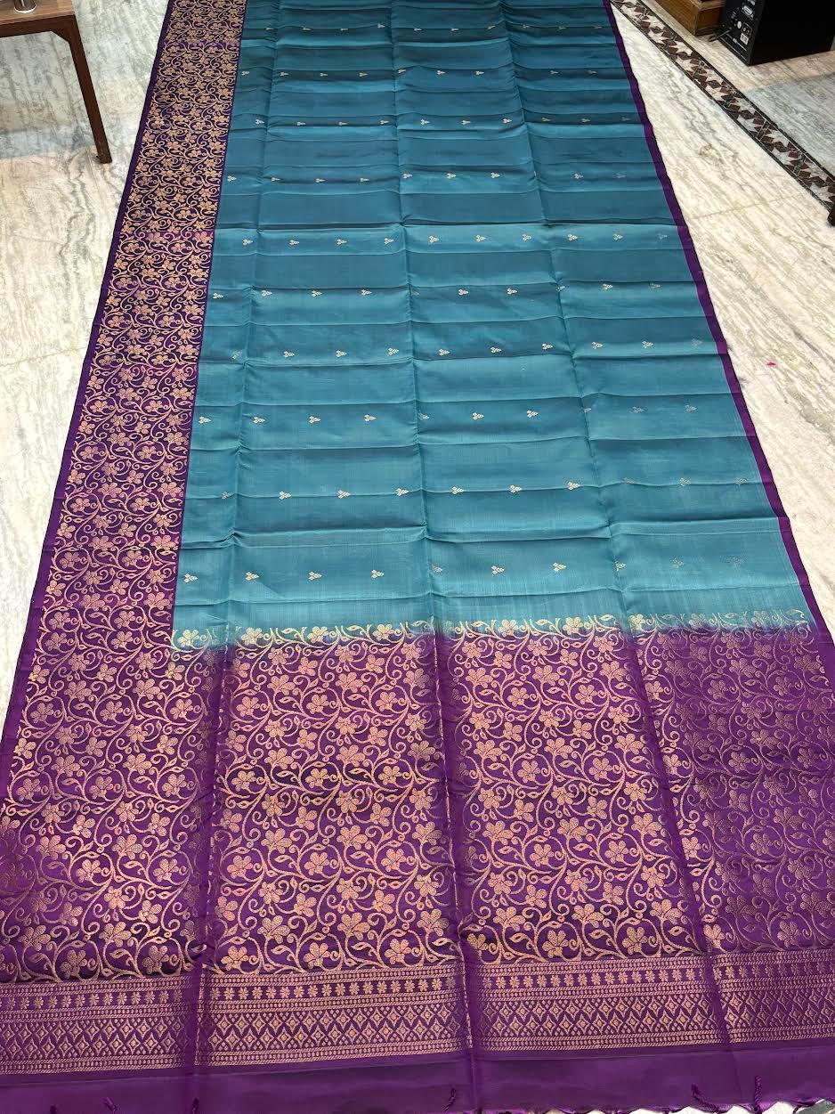 Kanchi Soft Silk Saree in Teal Blue with Contrast Purple Gold Zari Border | Includes Unstitched Blouse - pochampallysarees.com