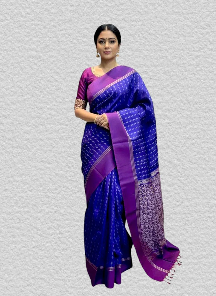 PURE SOFT SILK SAREE BLUE AND PURPLE WITH ALLOVER BUTTI DESIGN WEAVES IN BORDER AND PALLU TISSUE STYLE - pochampallysarees.com