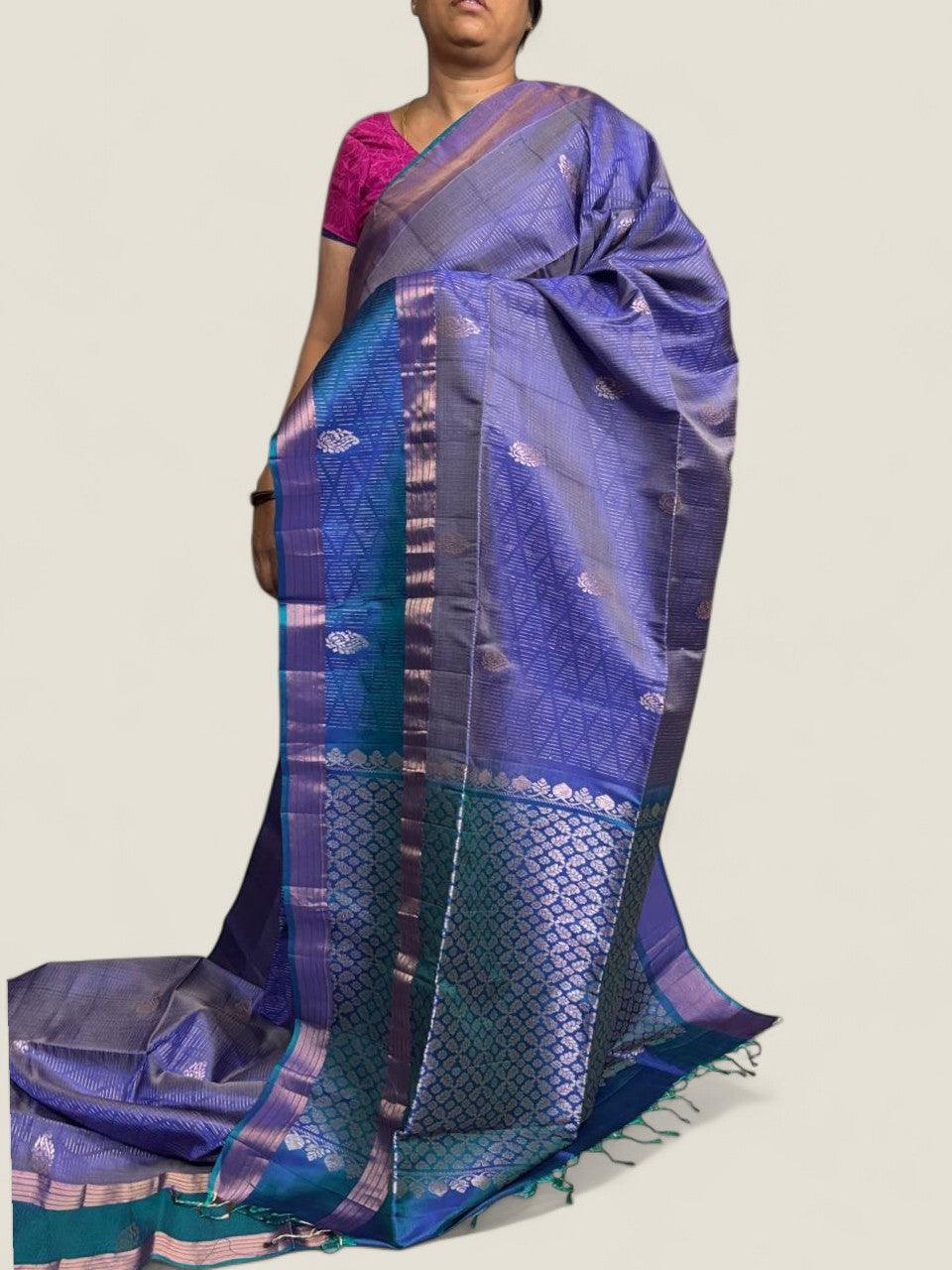 PURE SOFT SILK SAREE BLUE AND RAMA GREEN WITH ALLOVER ZARI WEAVES BUTTAS IN BORDER PLAIN STYLE