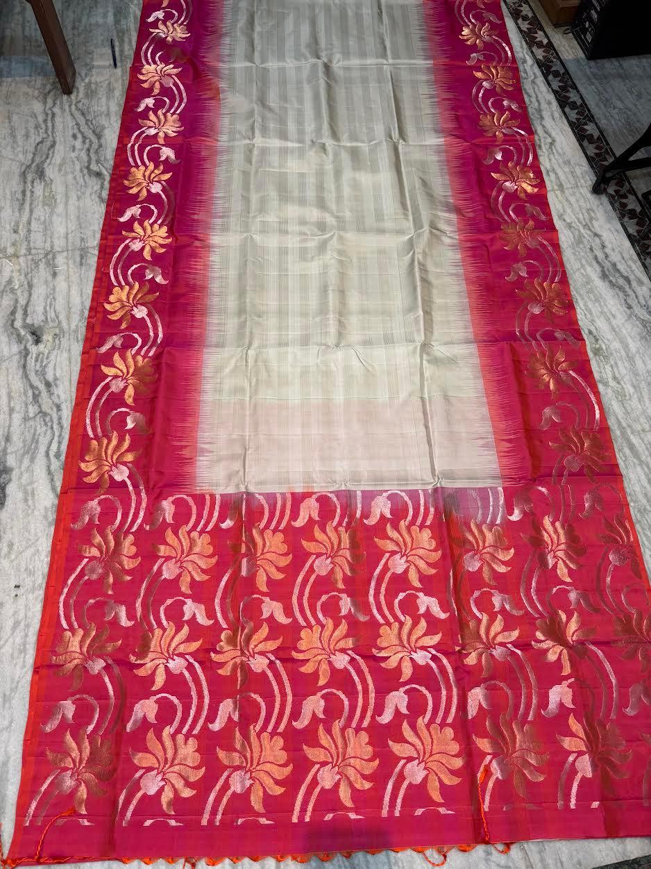 Cream &amp; Deep Pink Kanchi Soft Silk Saree | Silver Zari Floral Border | Lightweight Festive Wear Saree with Blouse - pochampallysarees.com