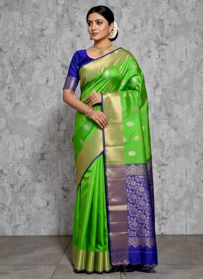 PURE SOFT SILK SAREE PARROT GREEN AND BLUE WITH ALLOVER BUTTI DESIGN WEAVES IN BORDER AND PALLU TISSUE STYLE - pochampallysarees.com
