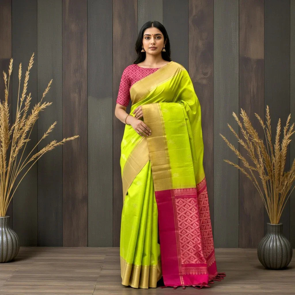 PURE SOFT SILK SAREE PARROT GREEN AND PINK WITH ALLOVER BUTTI DESIGN WEAVES IN BORDER AND PALLU TISSUE STYLE - pochampallysarees.com