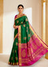 PURE SOFT SILK SAREE BOTTLE GREEN AND PINK WITH ALLOVER ZARI WEAVES BUTTAS IN BORDER KANCHI STYLE - pochampallysarees.com