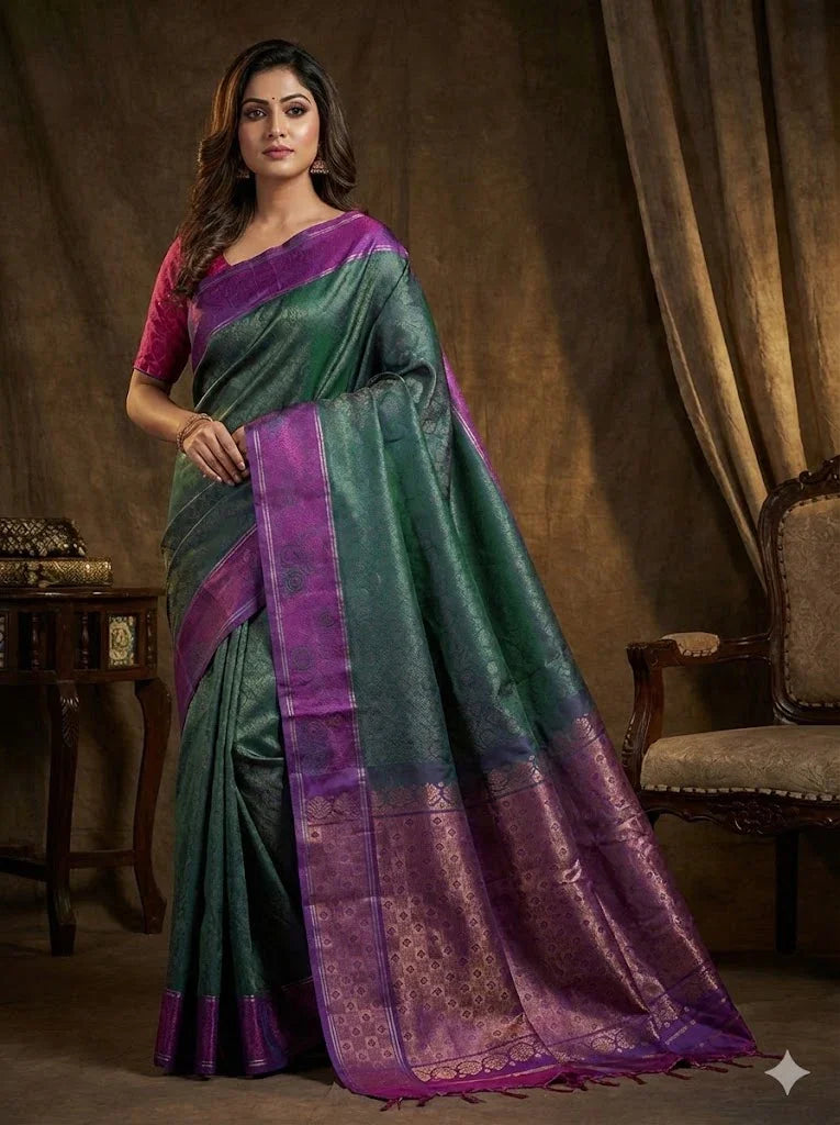 PURE SOFT SILK SAREE GREEN AND PURPLE WITH ALLOVER BUTTI DESIGN WEAVES IN BORDER AND PALLU TISSUE STYLE - pochampallysarees.com