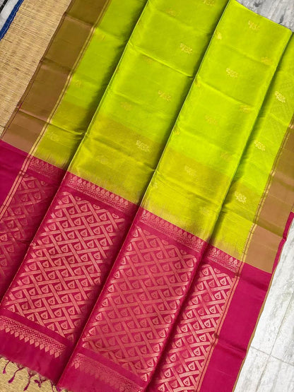 PURE SOFT SILK SAREE PARROT GREEN AND PINK WITH ALLOVER BUTTI DESIGN WEAVES IN BORDER AND PALLU TISSUE STYLE - pochampallysarees.com