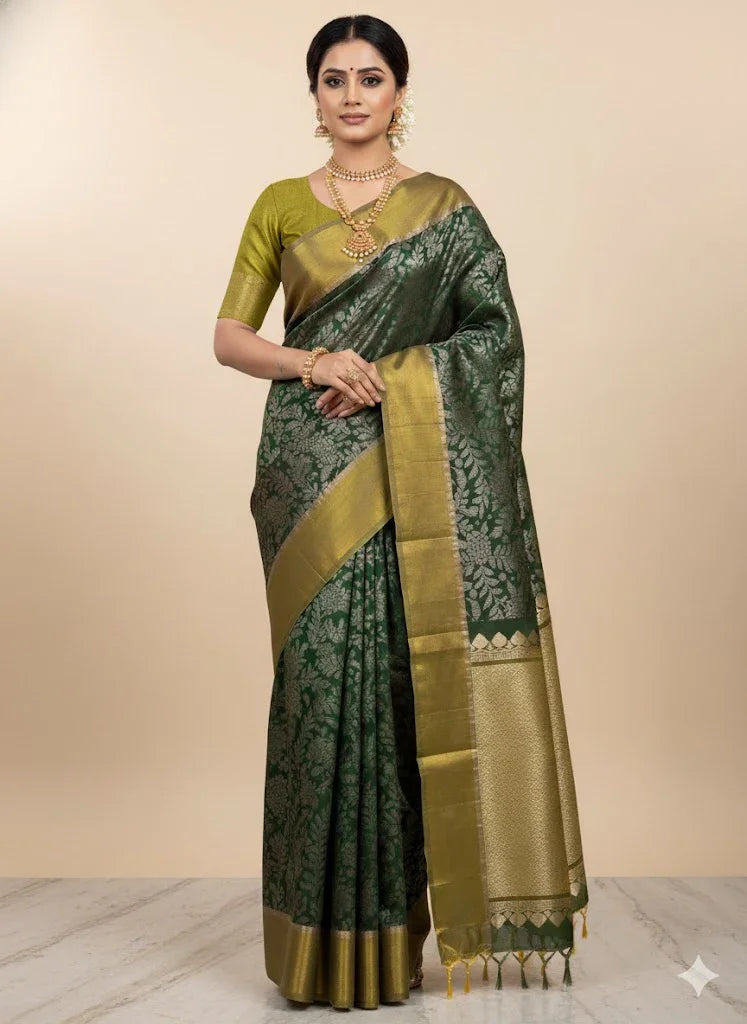 PURE SOFT SILK SAREE BOTTLE GREEN AND OLIVE GREEN WITH ALLOVER BUTTI DESIGN WEAVES IN BORDER AND PALLU TISSUE STYLE - pochampallysarees.com