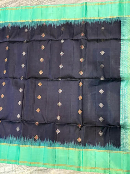 Navy Blue Kanchi Soft Silk Saree with Sea Green Temple Border &amp; Striped Blouse - pochampallysarees.com