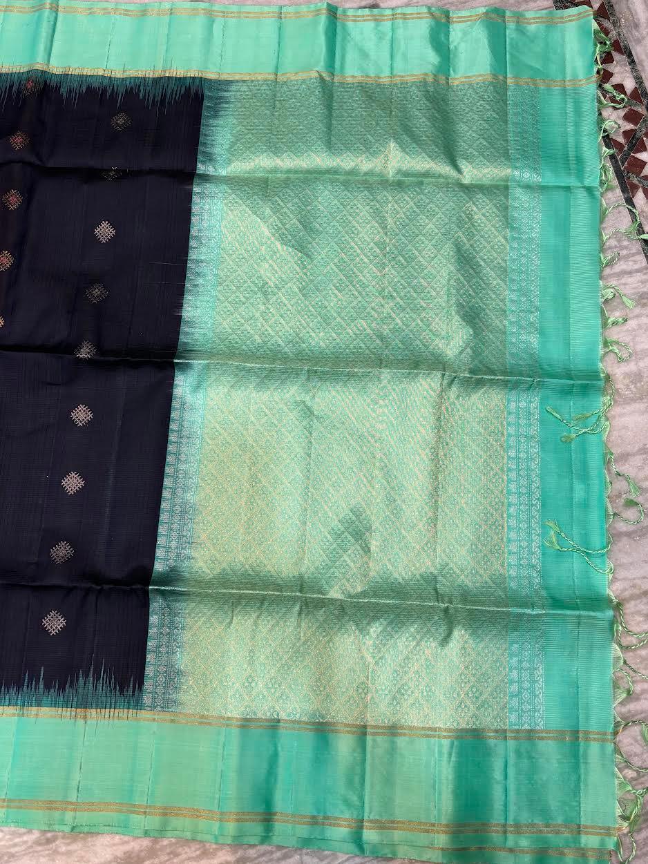 Navy Blue Kanchi Soft Silk Saree with Sea Green Temple Border &amp; Striped Blouse - pochampallysarees.com