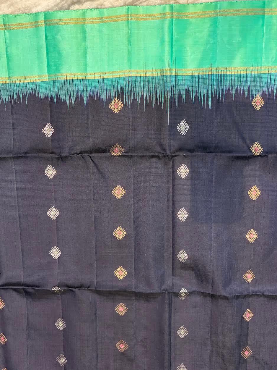 Navy Blue Kanchi Soft Silk Saree with Sea Green Temple Border &amp; Striped Blouse - pochampallysarees.com