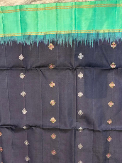 Navy Blue Kanchi Soft Silk Saree with Sea Green Temple Border &amp; Striped Blouse - pochampallysarees.com