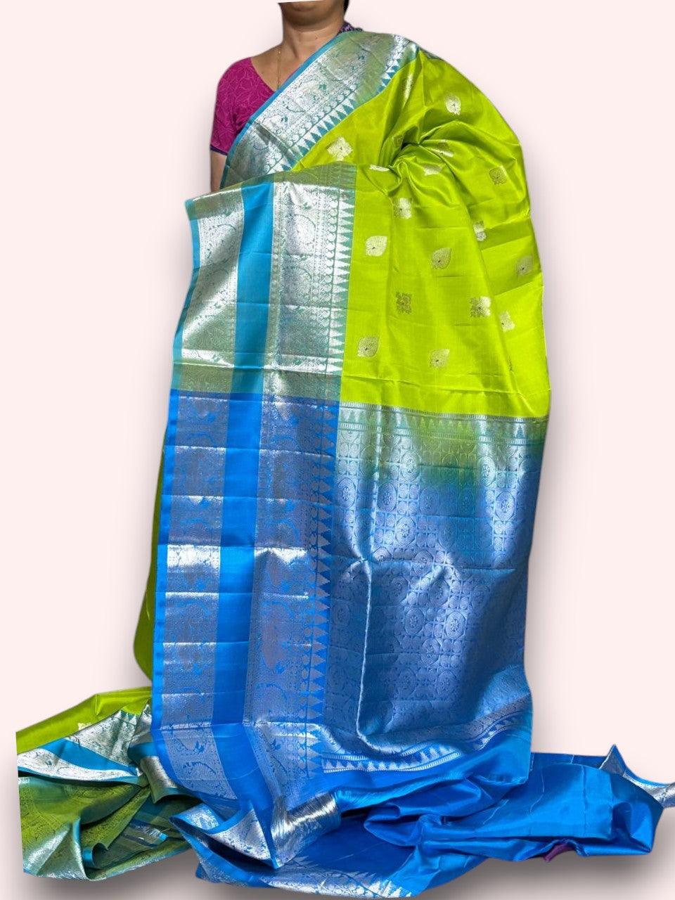 PURE SOFT SILK PARROT GREEN WITH BLUE SARI