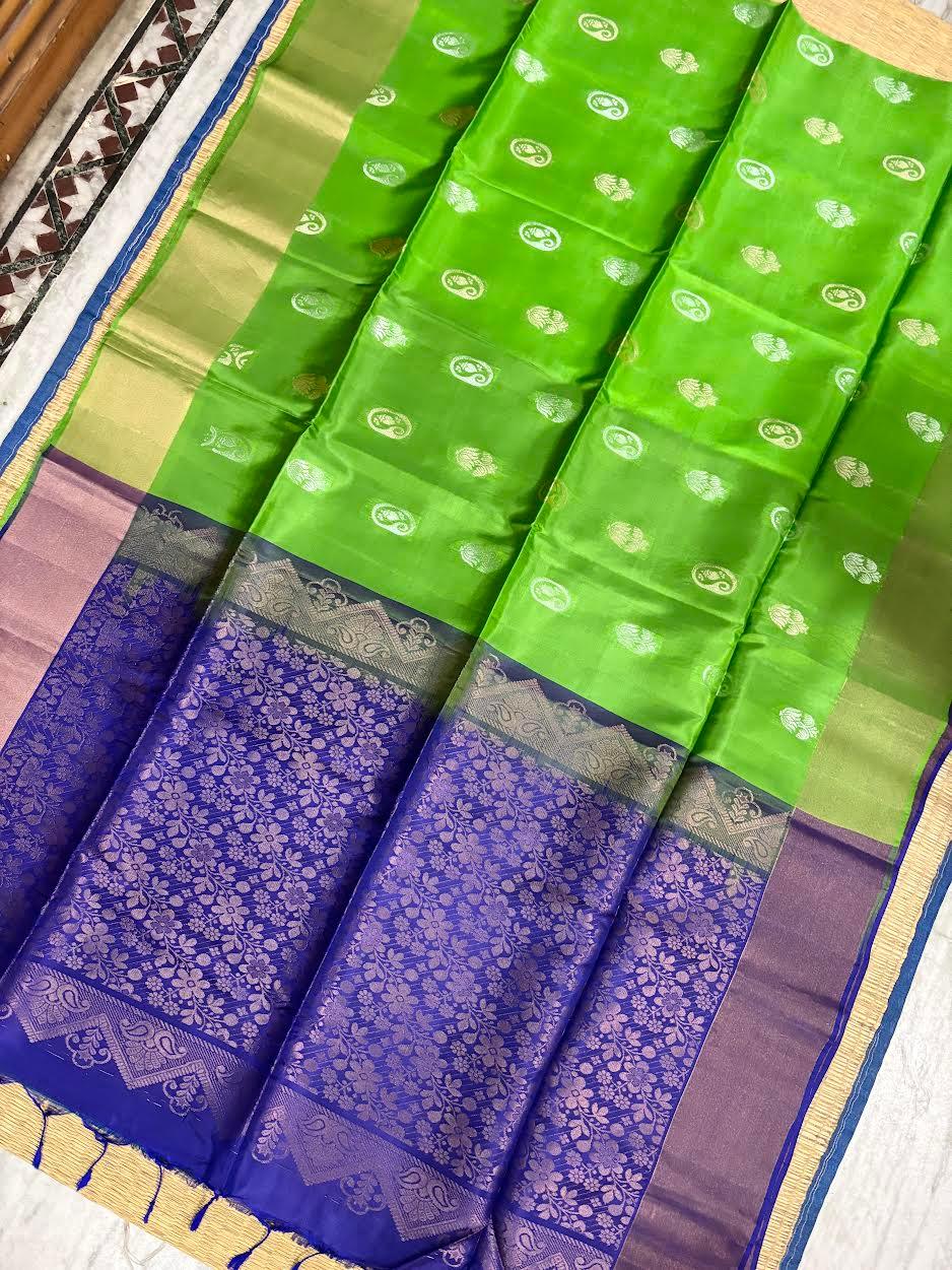 PURE SOFT SILK SAREE PARROT GREEN AND BLUE WITH ALLOVER BUTTI DESIGN WEAVES IN BORDER AND PALLU TISSUE STYLE - pochampallysarees.com