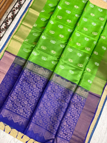 PURE SOFT SILK SAREE PARROT GREEN AND BLUE WITH ALLOVER BUTTI DESIGN WEAVES IN BORDER AND PALLU TISSUE STYLE - pochampallysarees.com