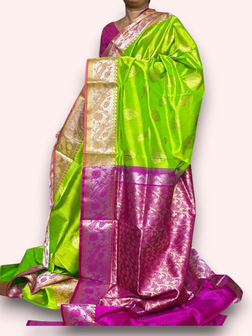 PURE SOFT SILK PARROT GREEN WITH PINK SARI