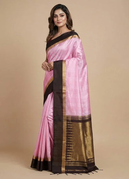 Elegant Pastel Pink Soft Silk Saree with Contrast Dark Coffee-Black Zari Border &amp; Designer Pallu - pochampallysarees.com