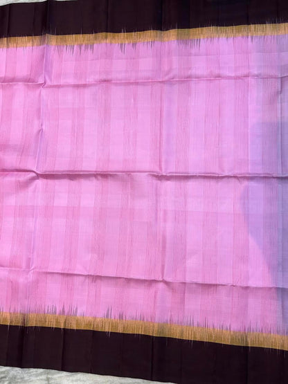 Elegant Pastel Pink Soft Silk Saree with Contrast Dark Coffee-Black Zari Border &amp; Designer Pallu - pochampallysarees.com