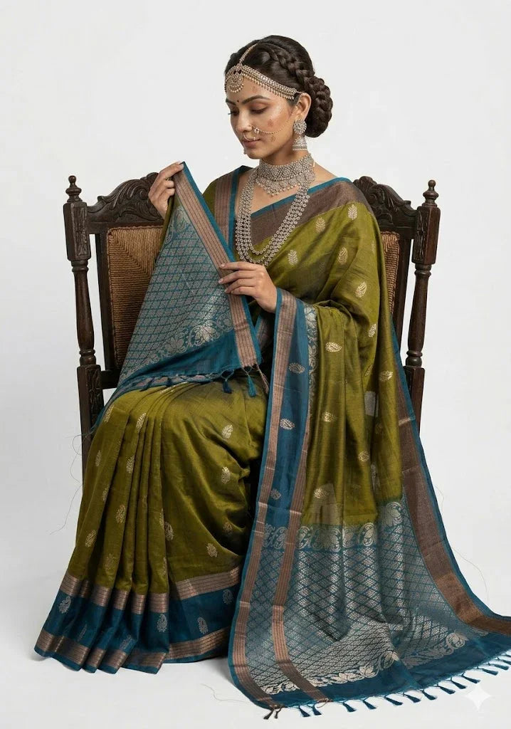 Elegant Olive Green Pure Soft Silk Saree with Teal Blue Zari Pallu | Traditional Festive Wear - pochampallysarees.com