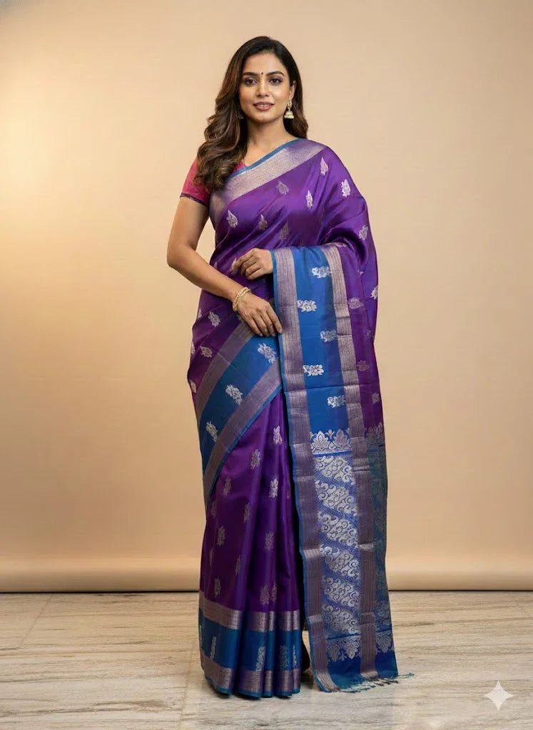 PURE SOFT SILK SAREE LAVENDER AND BLUE WITH ALLOVER BUTTI DESIGN WEAVES IN BORDER AND PALLU TISSUE STYLE - pochampallysarees.com