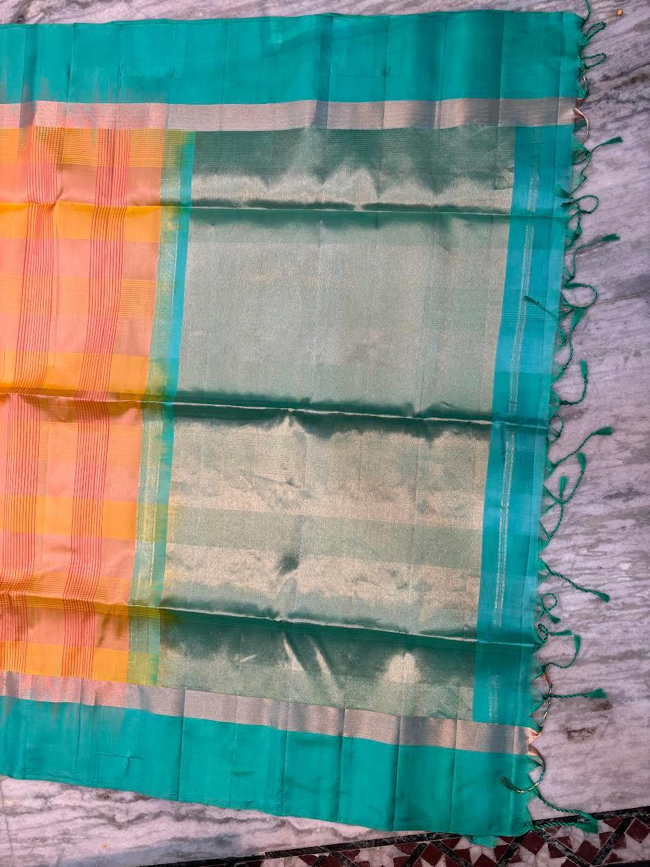 Pure Soft Silk Saree in Dual-Tone Yellow &amp; Peach with Sea Green Zari Border | Lightweight Festive Wear with Tasseled Pallu - pochampallysarees.com