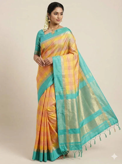 Pure Soft Silk Saree in Dual-Tone Yellow &amp; Peach with Sea Green Zari Border | Lightweight Festive Wear with Tasseled Pallu - pochampallysarees.com