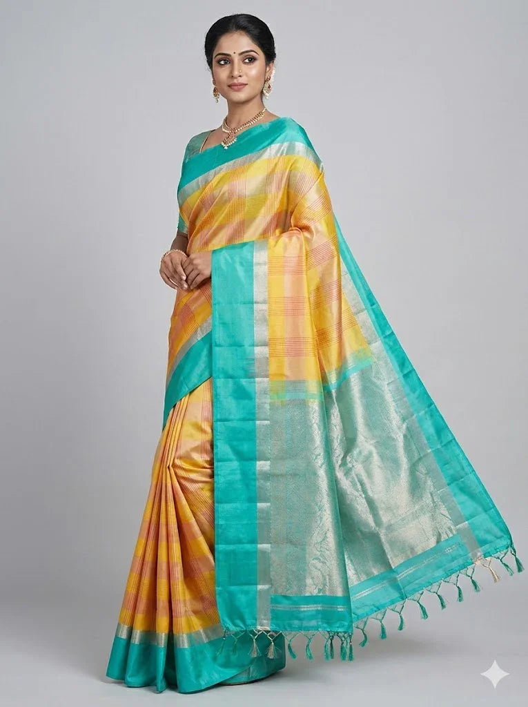 Pure Soft Silk Saree in Dual-Tone Yellow &amp; Peach with Sea Green Zari Border | Lightweight Festive Wear with Tasseled Pallu - pochampallysarees.com