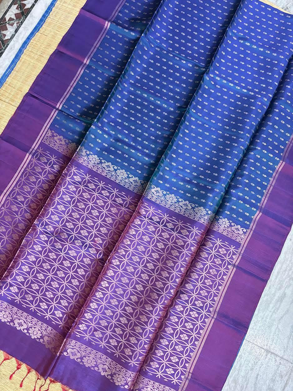 PURE SOFT SILK SAREE BLUE AND PURPLE WITH ALLOVER BUTTI DESIGN WEAVES IN BORDER AND PALLU TISSUE STYLE - pochampallysarees.com