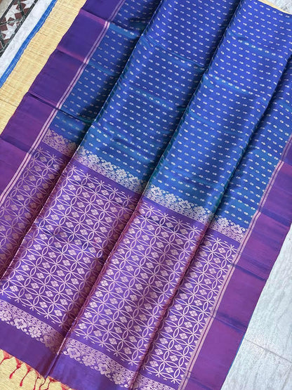 PURE SOFT SILK SAREE BLUE AND PURPLE WITH ALLOVER BUTTI DESIGN WEAVES IN BORDER AND PALLU TISSUE STYLE - pochampallysarees.com