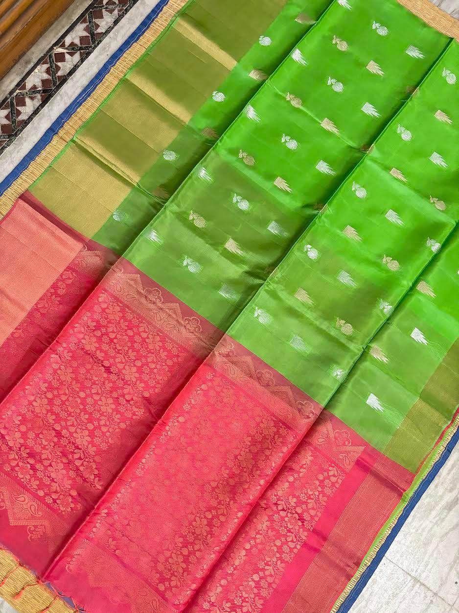 PURE SOFT SILK SAREE PARROT GREEN AND PINK WITH ALLOVER BUTTI DESIGN WEAVES IN BORDER AND PALLU TISSUE STYLE - pochampallysarees.com