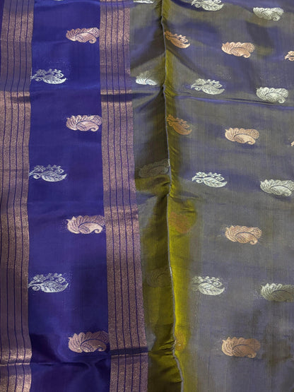 PURE SOFT SILK SAREE GRAY AND PURPLE WITH ALLOVER BUTTI DESIGN WEAVES IN BORDER AND PALLU TISSUE STYLE - pochampallysarees.com