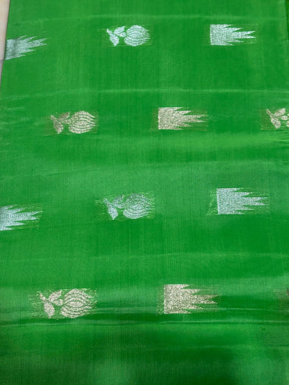 PURE SOFT SILK SAREE PARROT GREEN AND PINK WITH ALLOVER BUTTI DESIGN WEAVES IN BORDER AND PALLU TISSUE STYLE - pochampallysarees.com
