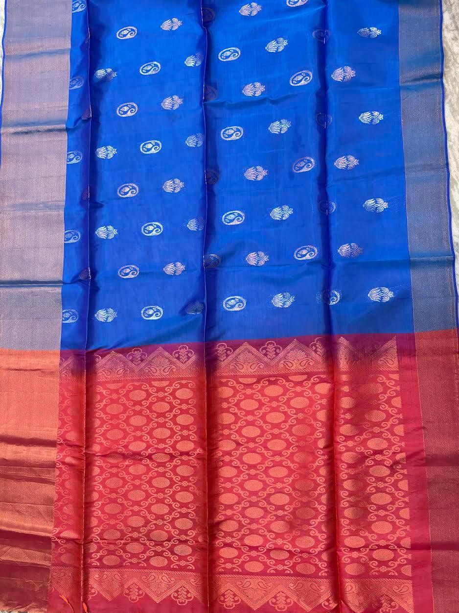 PURE SOFT SILK SAREE BLUE AND PINK WITH ALLOVER BUTTI DESIGN WEAVES IN BORDER AND PALLU TISSUE STYLE - pochampallysarees.com
