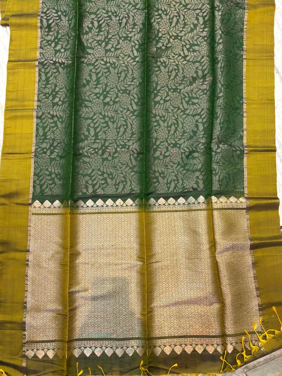 PURE SOFT SILK SAREE BOTTLE GREEN AND OLIVE GREEN WITH ALLOVER BUTTI DESIGN WEAVES IN BORDER AND PALLU TISSUE STYLE - pochampallysarees.com