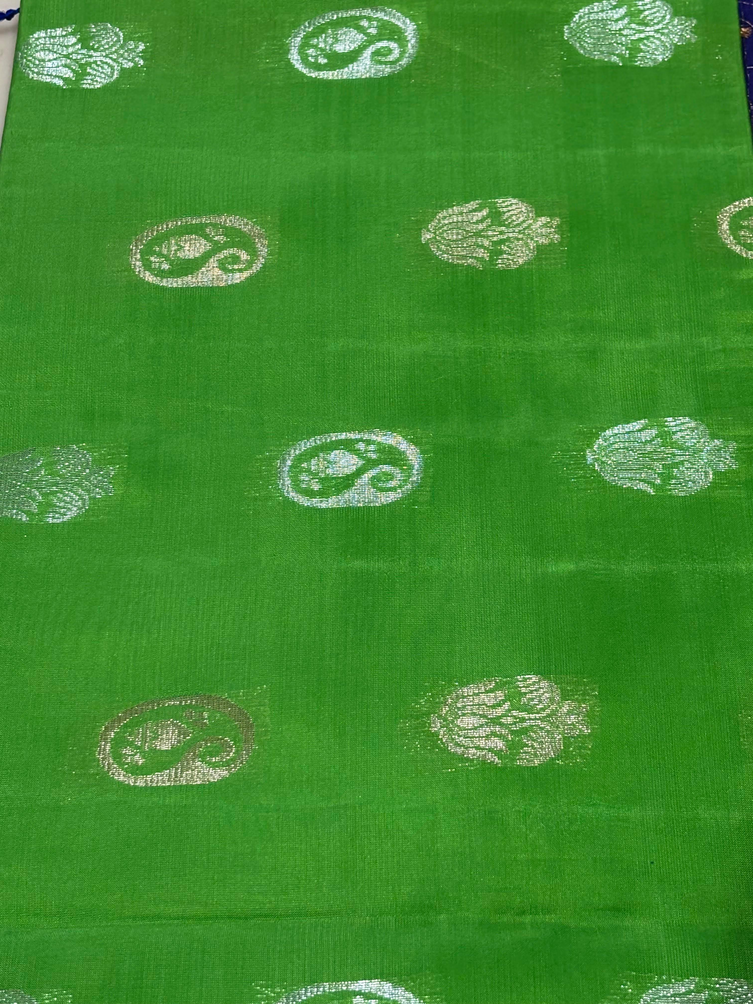 PURE SOFT SILK SAREE PARROT GREEN AND BLUE WITH ALLOVER BUTTI DESIGN WEAVES IN BORDER AND PALLU TISSUE STYLE - pochampallysarees.com