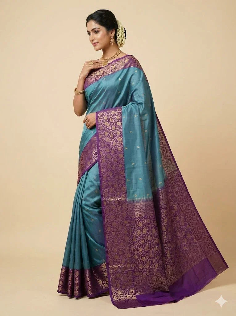 Kanchi Soft Silk Saree in Teal Blue with Contrast Purple Gold Zari Border | Includes Unstitched Blouse - pochampallysarees.com