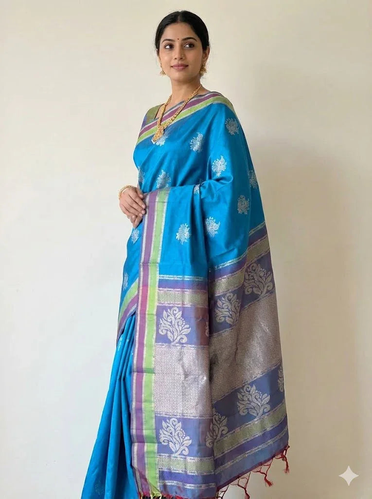 Sky Blue Soft Kubera Silk Saree with Silver Zari Floral Motifs &amp; Rich Contrast Pallu | Traditional Festive &amp; Wedding Wear Saree for Women with Blouse Piece - pochampallysarees.com