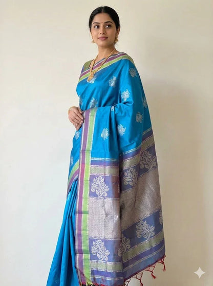 Sky Blue Soft Kubera Silk Saree with Silver Zari Floral Motifs &amp; Rich Contrast Pallu | Traditional Festive &amp; Wedding Wear Saree for Women with Blouse Piece - pochampallysarees.com