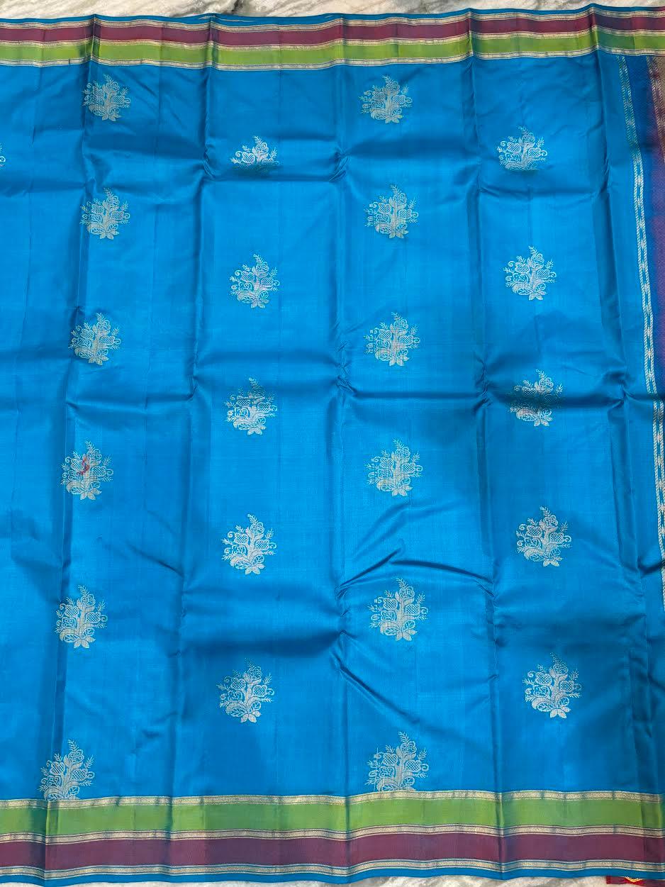 Sky Blue Soft Kubera Silk Saree with Silver Zari Floral Motifs &amp; Rich Contrast Pallu | Traditional Festive &amp; Wedding Wear Saree for Women with Blouse Piece - pochampallysarees.com