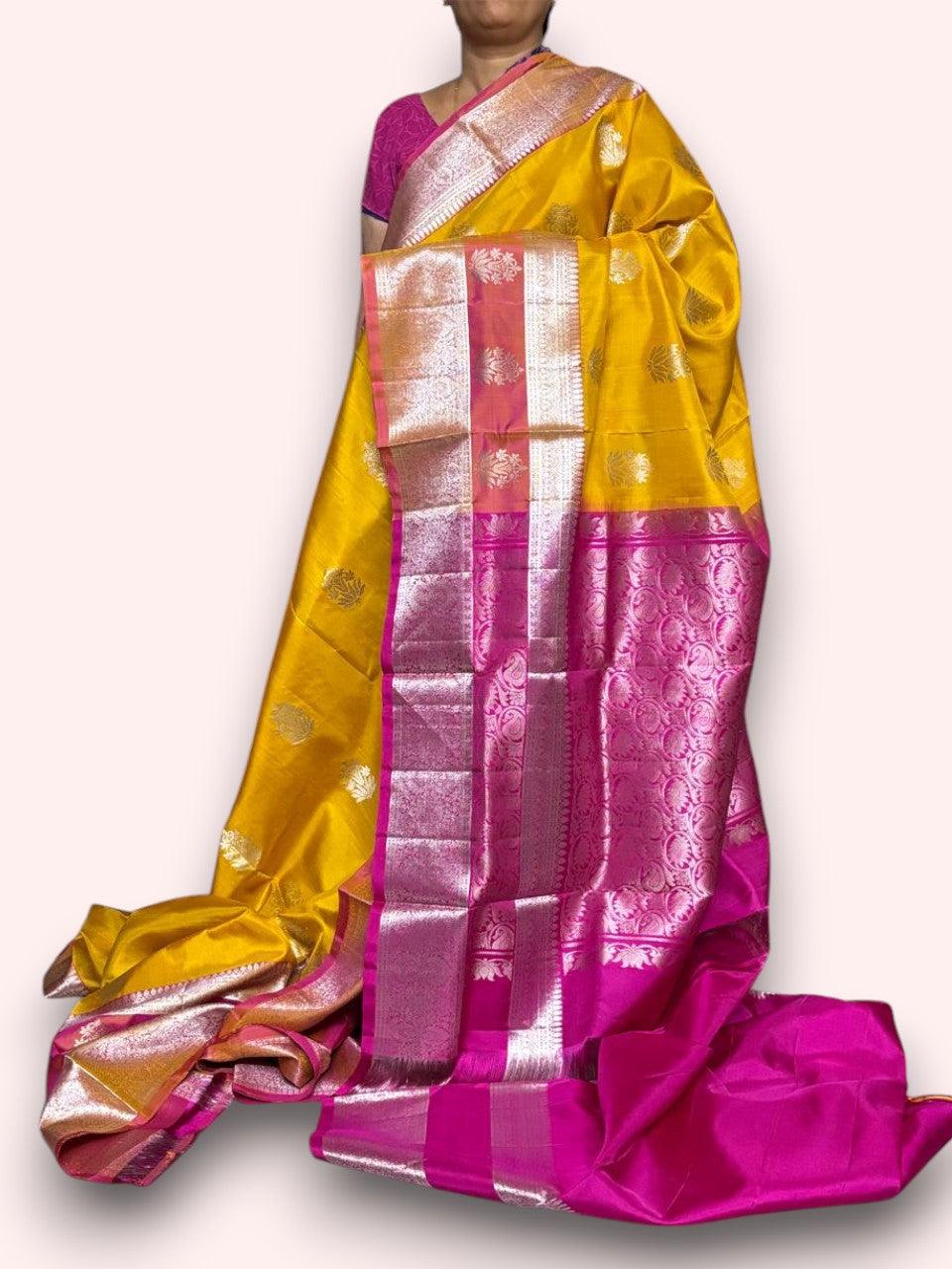 PURE SOFT SILK YELLOW WITH PINK SARI